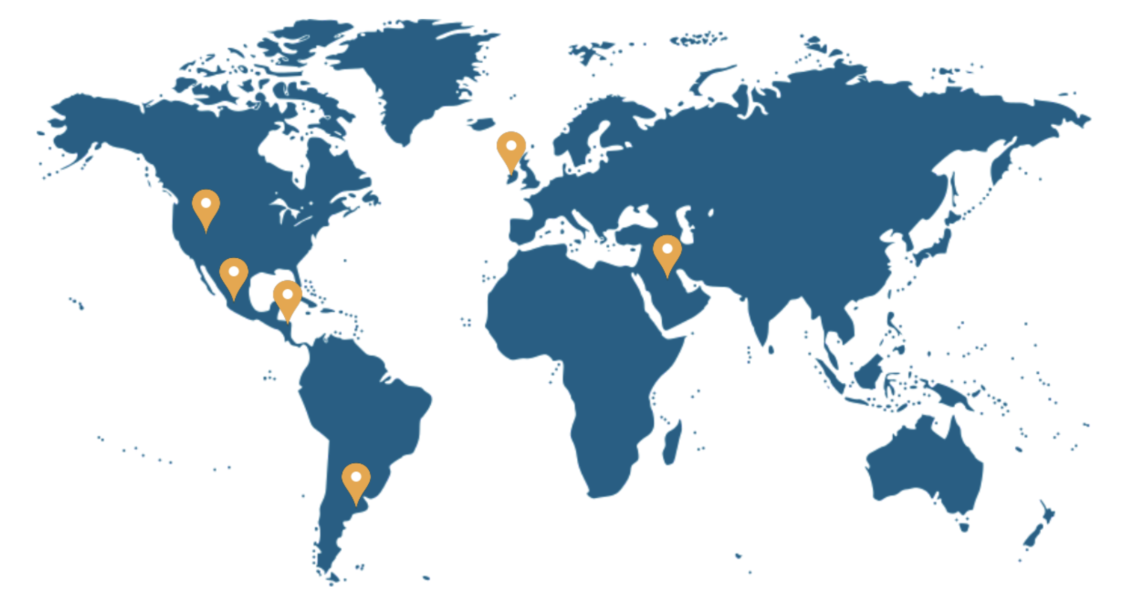 Blue world map with six orange location pins marking global locations across North America, Central America, South America, Europe/Middle East, and Asia.